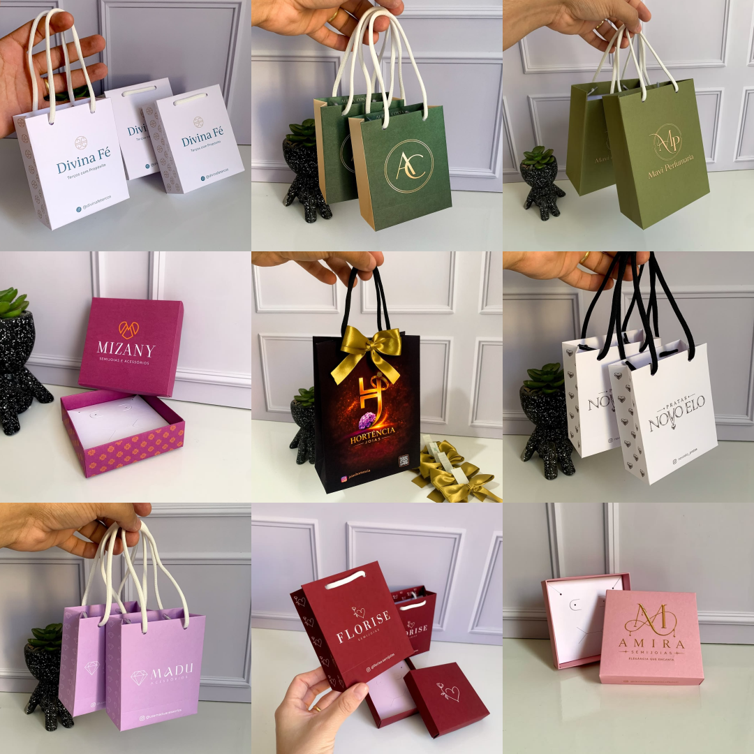 Sacolas personalizadas em diferentes cores e tamanhos
